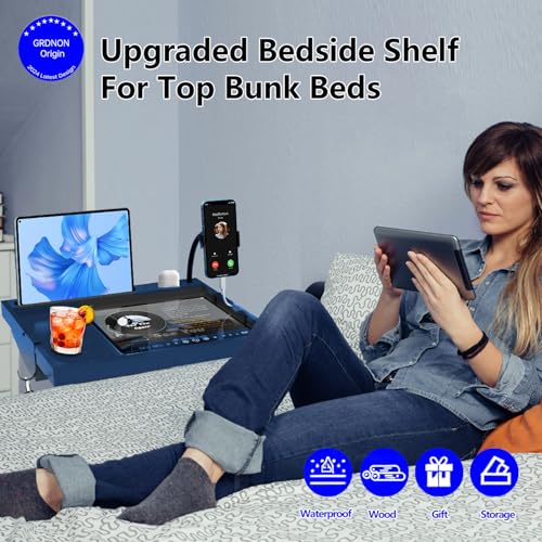 Bamboo Bed Shelf Organizer with Phone Holder (Blue) V588