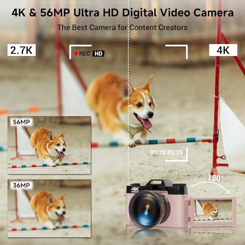 56MP 16X Digital Zoom WiFi 3'' 180° Flip Screen Compact Camera with 2 Batteries 64GB Micro SD Card (Black) T911