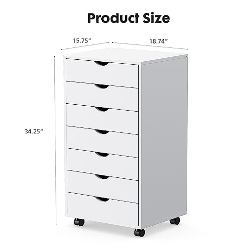White 7-Drawer Wooden Mobile Dresser with Wheels K3560