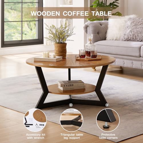 Round Wood Coffee Table with Storage Rack, 35 x 35 x 17 in U17395