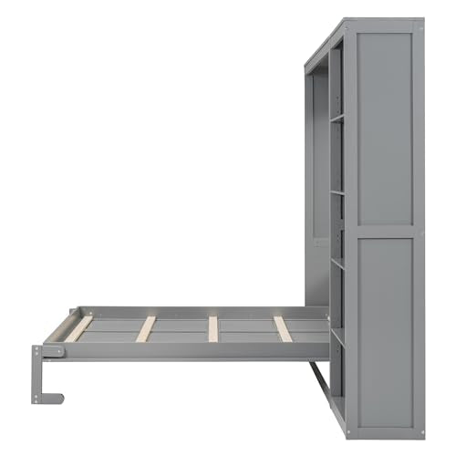 Full Size Murphy Bed with Storage Shelves, Drawers and LED Lights, White G741