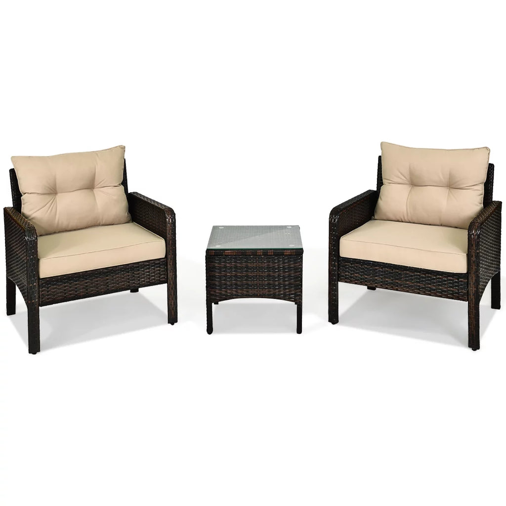 Brown 3PCS Patio Outdoor Rattan Furniture Set with Cushioned Chairs Coffee Table V26418