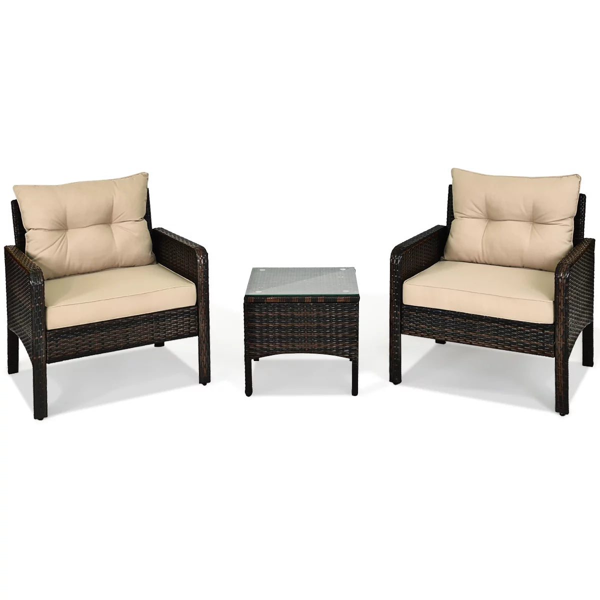 Brown 3PCS Patio Outdoor Rattan Furniture Set with Cushioned Chairs Coffee Table V26418