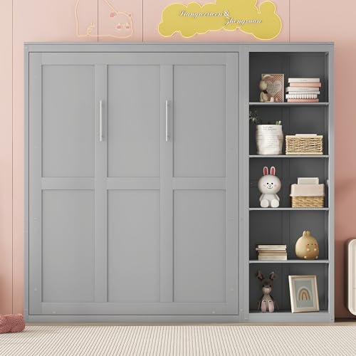 Full Size Murphy Bed with Storage Shelves, Drawers and LED Lights, White G741
