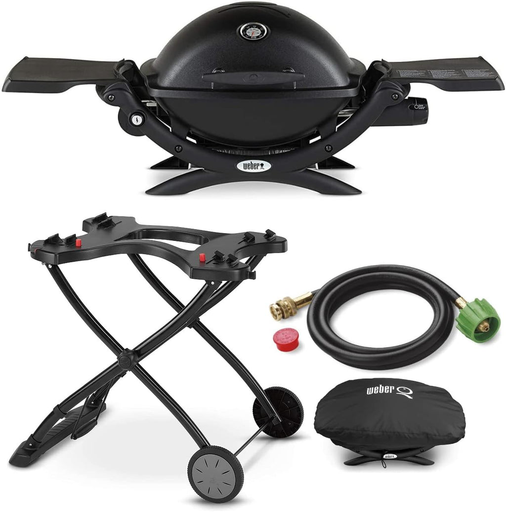 Black Liquid Propane Grill Bundle with Portable Cart, Adapter Hose, and Grill Cover U39854