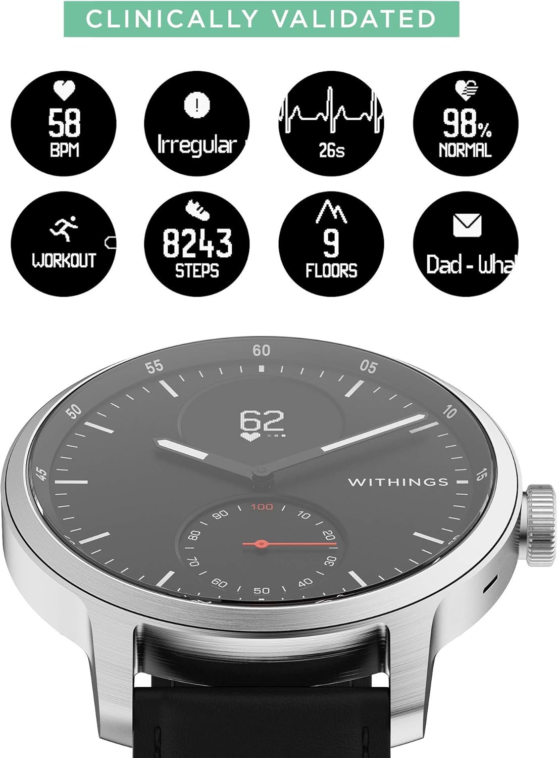 Black 42mm Hybrid Smartwatch with ECG, Heart Rate Sensor and Oximeter U288396