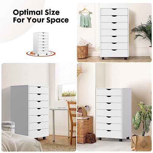 White 7-Drawer Wooden Mobile Dresser with Wheels K3560