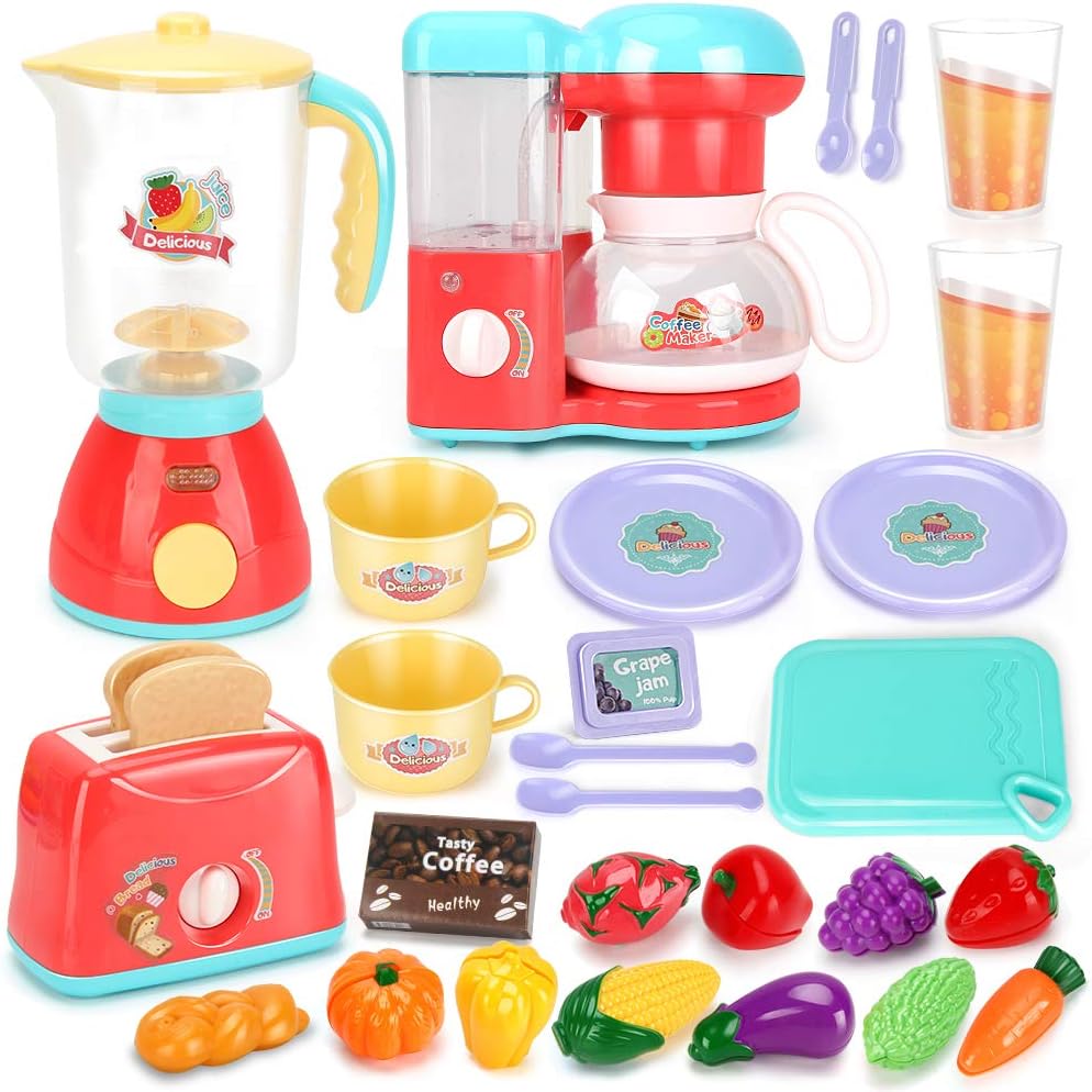Kids Assorted Kitchen Appliance Toys, Pretend Kitchen Toy Set Includes Coffee Maker, Blender and Toaster, Cutting Play Food and Kitchen Utensils Accessories G93431