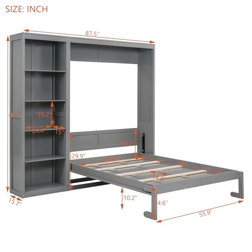 Full Size Murphy Bed with Storage Shelves, Drawers and LED Lights, White G741