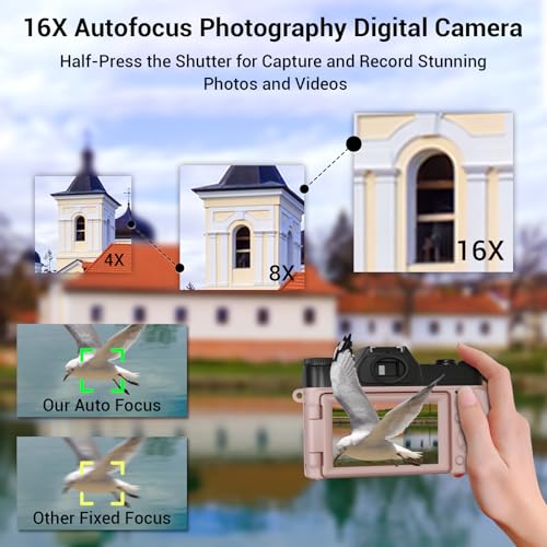 56MP 16X Digital Zoom WiFi 3'' 180° Flip Screen Compact Camera with 2 Batteries 64GB Micro SD Card (Black) T911