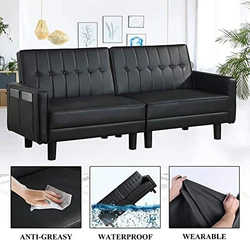 Faux Leather Convertible Folding Futon Sofa Bed Couch M777679