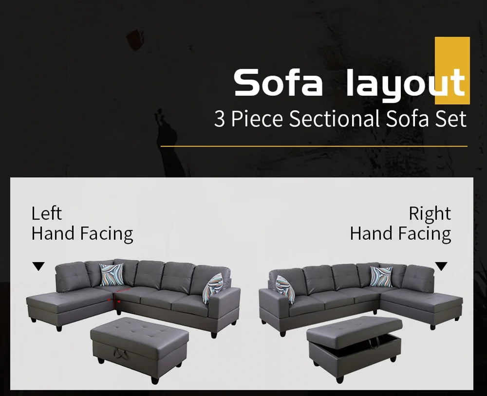 Dark Grey Faux Leather Sectional with Ottoman N961