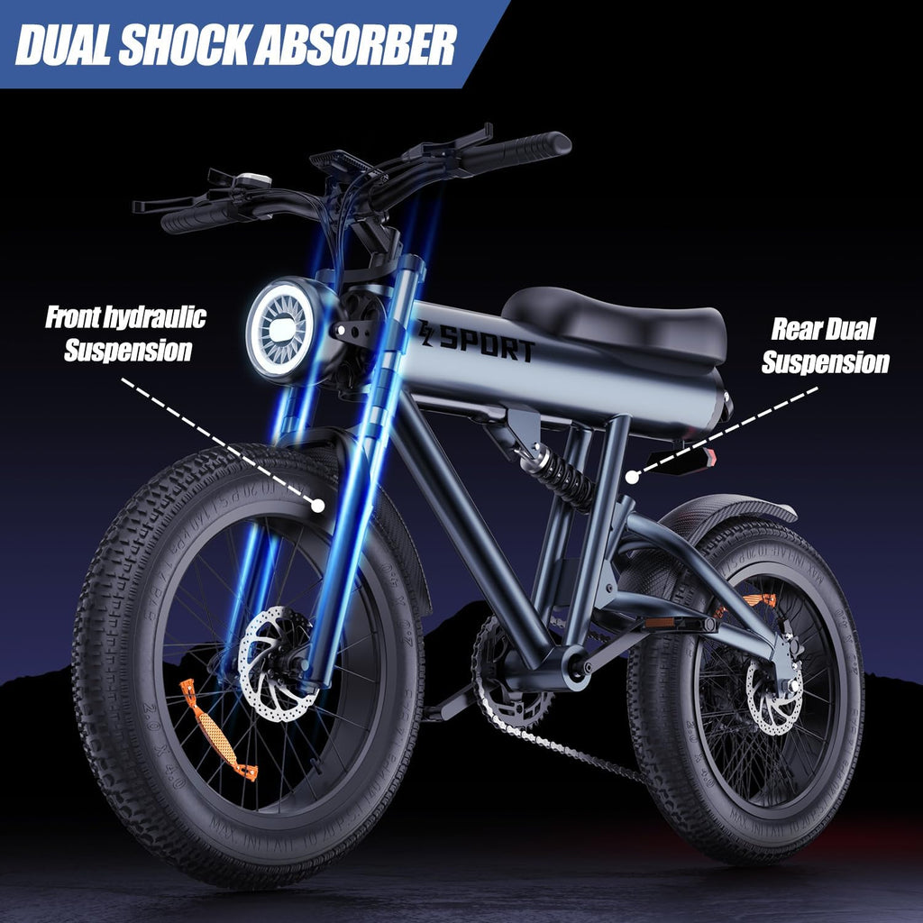 750W Electric Bike 20" Fat Tire Ebike Aluminum Frame 840Wh Removable Battery 7 Speed Full Suspension T338