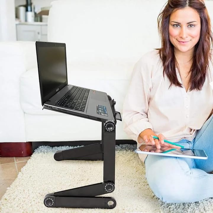 Foldable Aluminum Adjustable Laptop Desk with Mouse Pad (Black) O10586