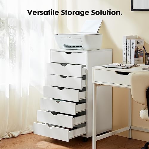 White 7-Drawer Wooden Mobile Dresser with Wheels K3560