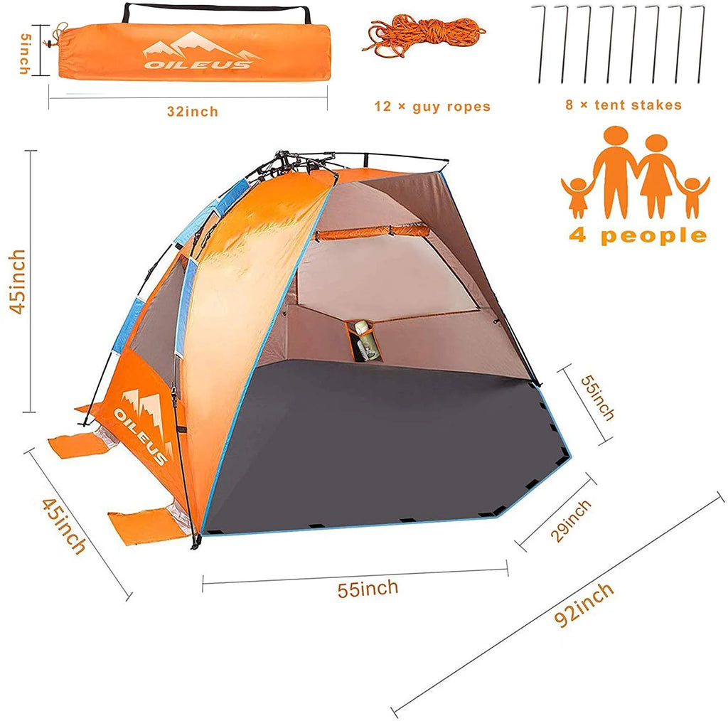X-Large 4 Person Pop Up Beach Tent with Carry Bag, Orange D794