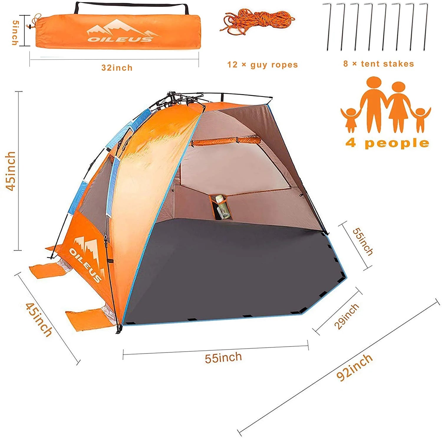 X-Large 4 Person Pop Up Beach Tent with Carry Bag, Orange D794