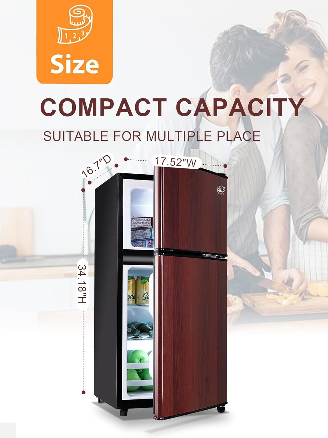 Mini Fridge With Freezer, Compact Refrigerator With 2 Doors, 3.5 Cu. Ft Wood N683