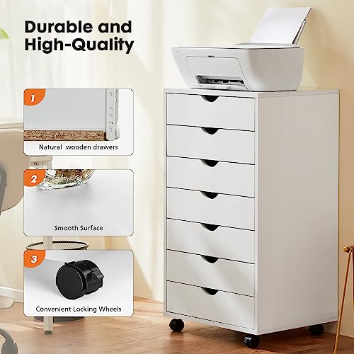 White 7-Drawer Wooden Mobile Dresser with Wheels K3560