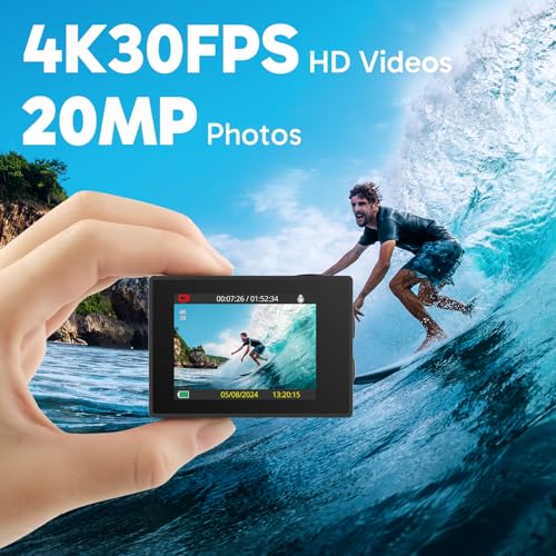 4K30fps Action Camera with 128GB MicroSDXC U3 Memory Card Accessories Kit Ultra HD 131FT Waterproof Camera EIS WiFi Remote Control 4X Zoom Underwater Camera Q1596