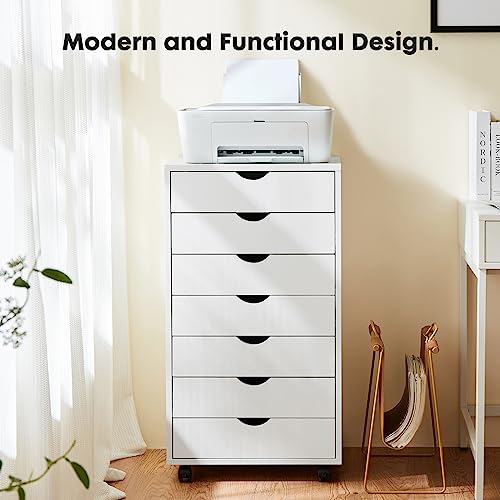 White 7-Drawer Wooden Mobile Dresser with Wheels K3560