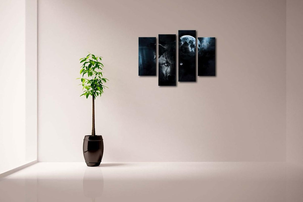 4 Panel Canvas Wall Art Black Wolf and Full Moon Painting R946