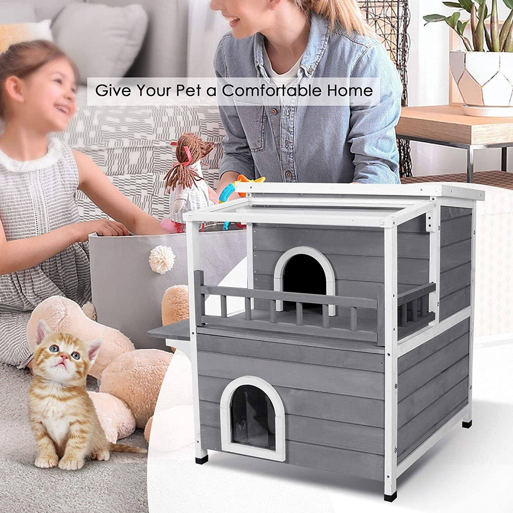 2-Story Weatherproof Wooden Cat Shelter House with Transparent PVC Canopy M53014