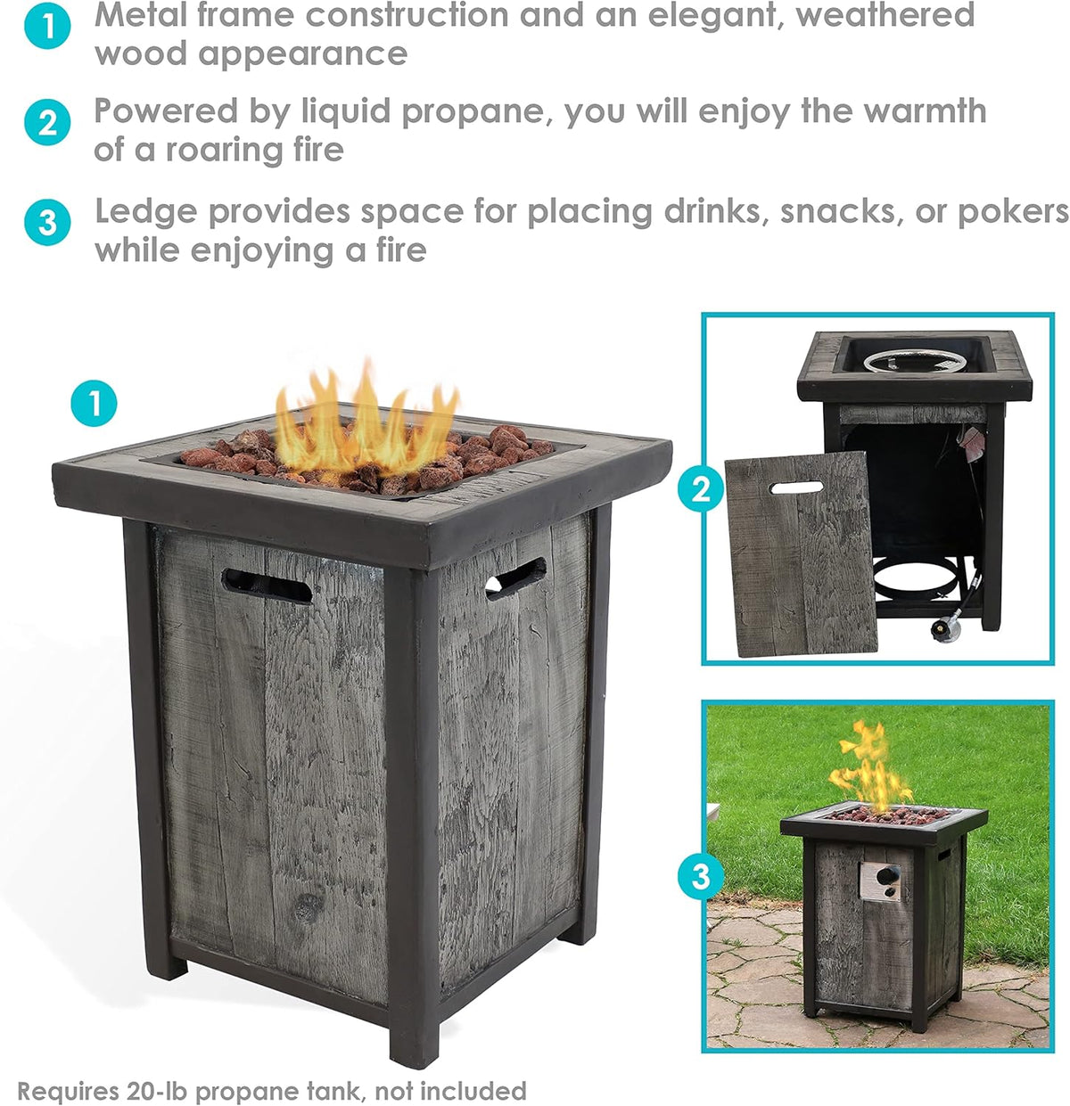Square Outdoor Propane Gas Fire Pit Table with Weathered Wood Look - 25 Inches Tall R629