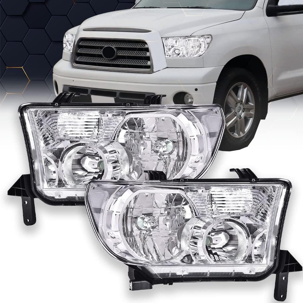 Headlights for 2007-2013 Toyota Tundra 2008-2017 Sequoia, Left+Right Clear Lens Chrome Housing Amber Reflector E111891