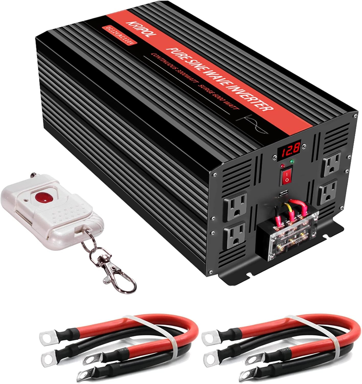 3000 Watt Pure Sine Wave Power Inverter 12V DC to 110V AC with 4 AC Outlets & USB Output J564531