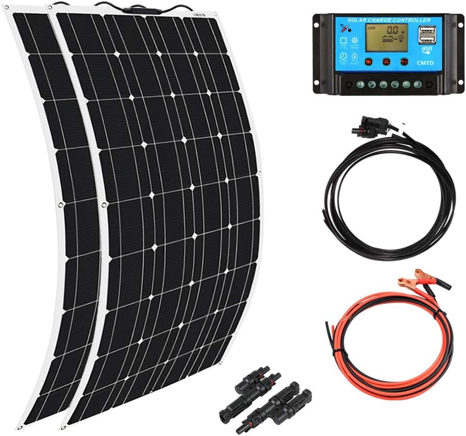 2pcs 100w Monocrystalline Flexible Solar Panel 200W 12V Kit with 20A Controller PV Connector L7929