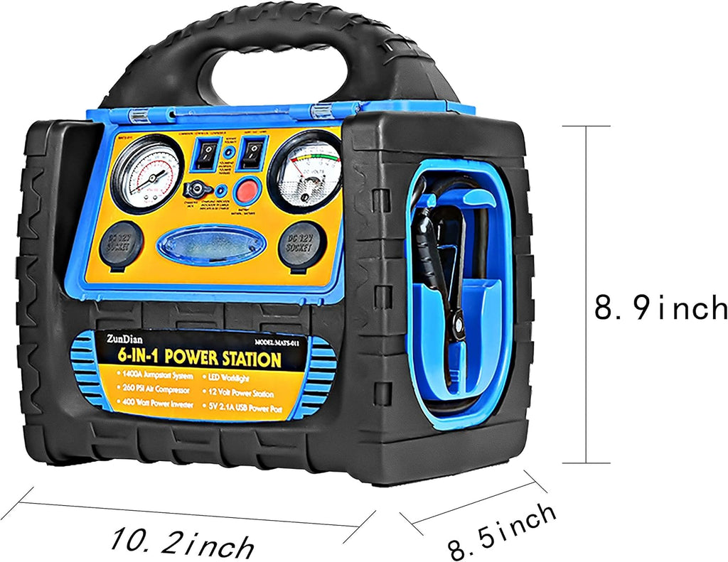 1400 Amp Battery Jump Starter with Air Compressor Car Tire Inflator, 110V 400W Power Inverter USB DC AC Outlet, 12V Emergency Auto Battery Booster Pack P157967