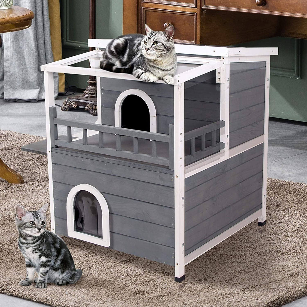 2-Story Weatherproof Wooden Cat Shelter House with Transparent PVC Canopy M53014