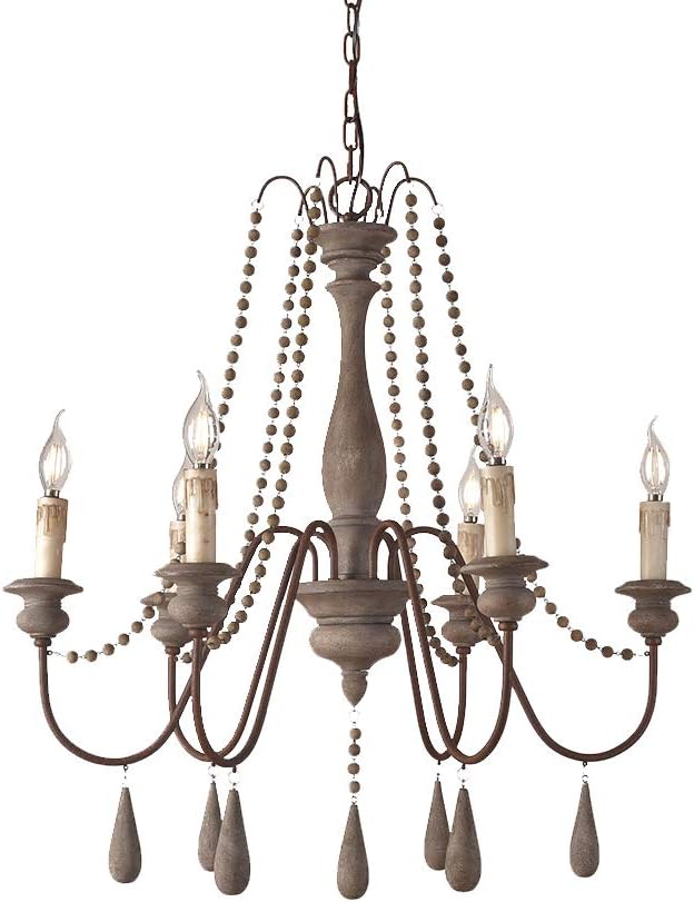 French Country Wood Bead Chandelier, 6 Lights, Gray K7585