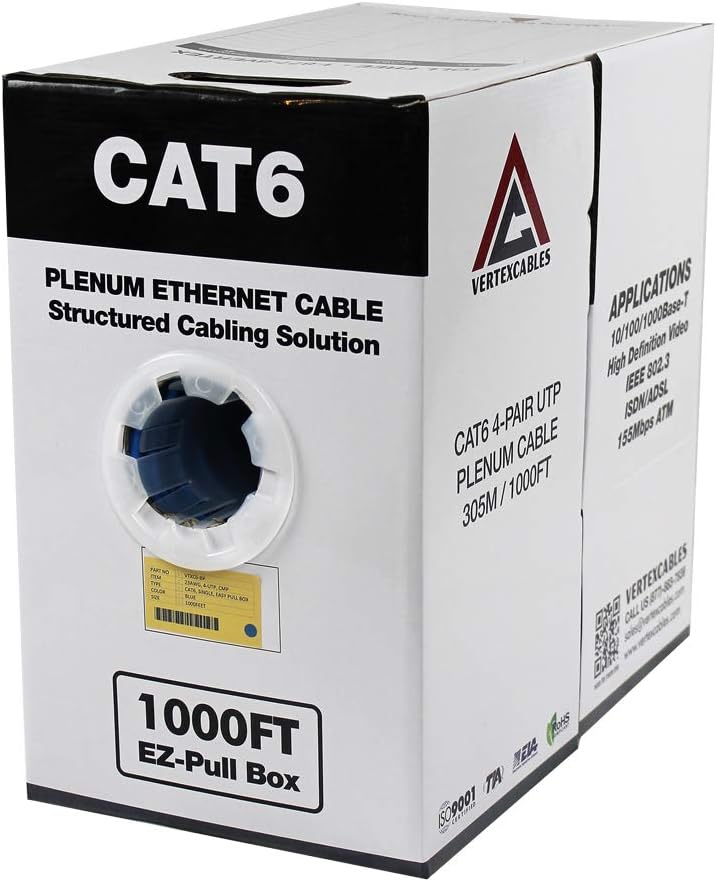 CAT6 Plenum 1000FT 23AWG Solid Network Cable UTP CMP Blue X835629