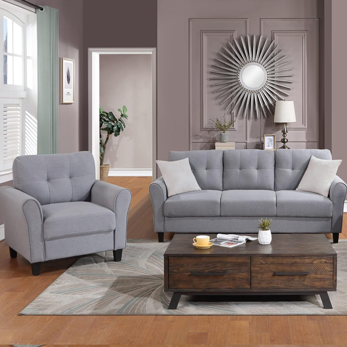 Light Grey-Blue Button Tufted Sectional Sofa Set G81103