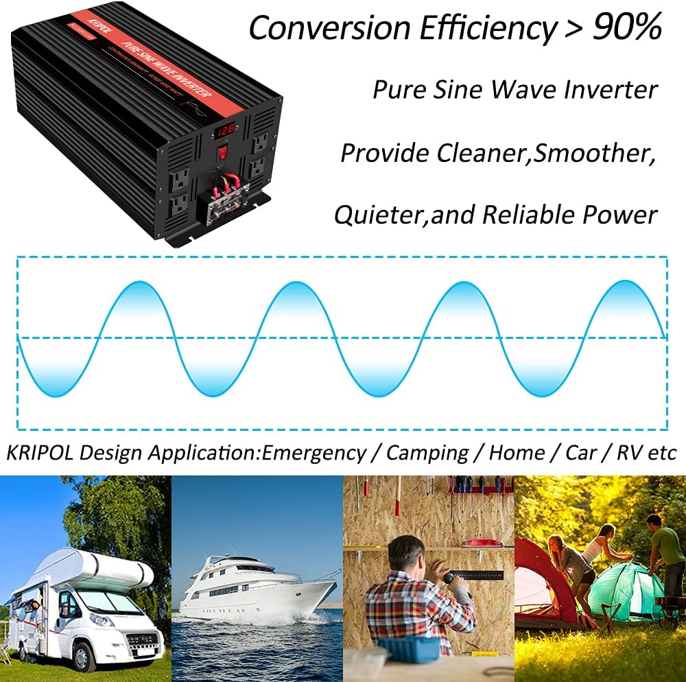 3000 Watt Pure Sine Wave Power Inverter 12V DC to 110V AC with 4 AC Outlets & USB Output J564531