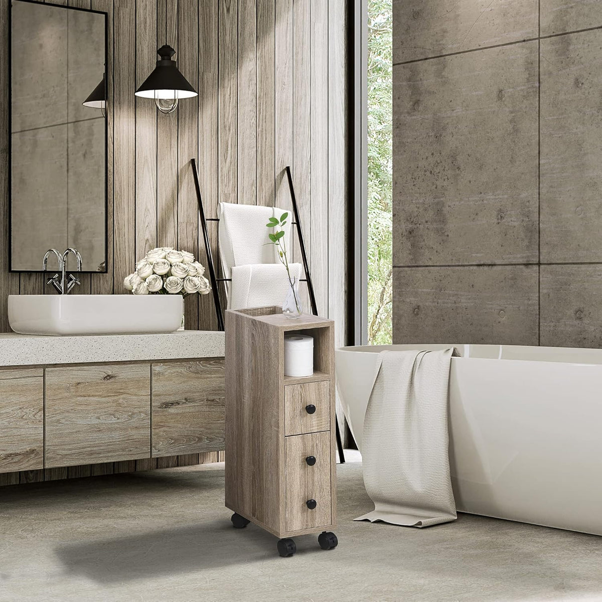 Oak Grain Freestanding Bathroom Cabinet with 2 Open Cabinets, 1 Door Cabinet, 1 Drawer and 4 Rolling Wheels S69703
