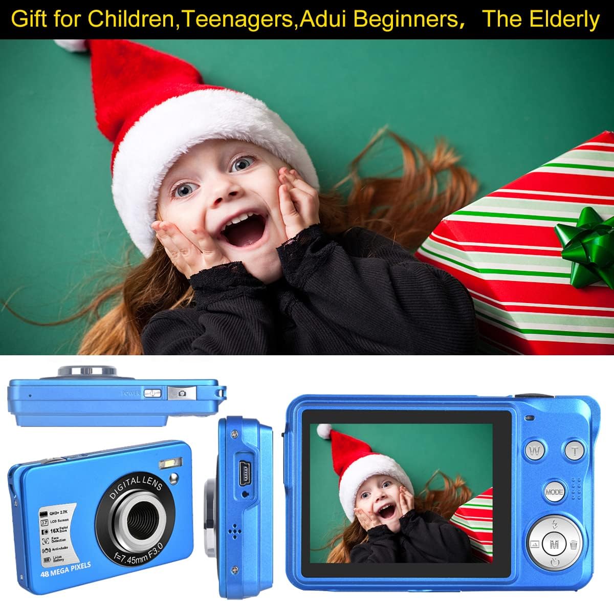48MP Compact Digital Camera with 16X Digital Zoom, Blue, Pack of 2 Y8746