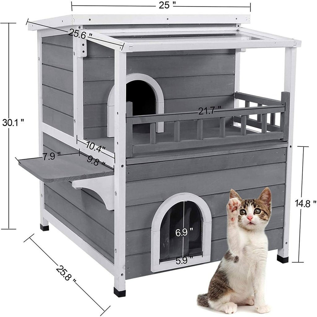 2-Story Weatherproof Wooden Cat Shelter House with Transparent PVC Canopy M53014