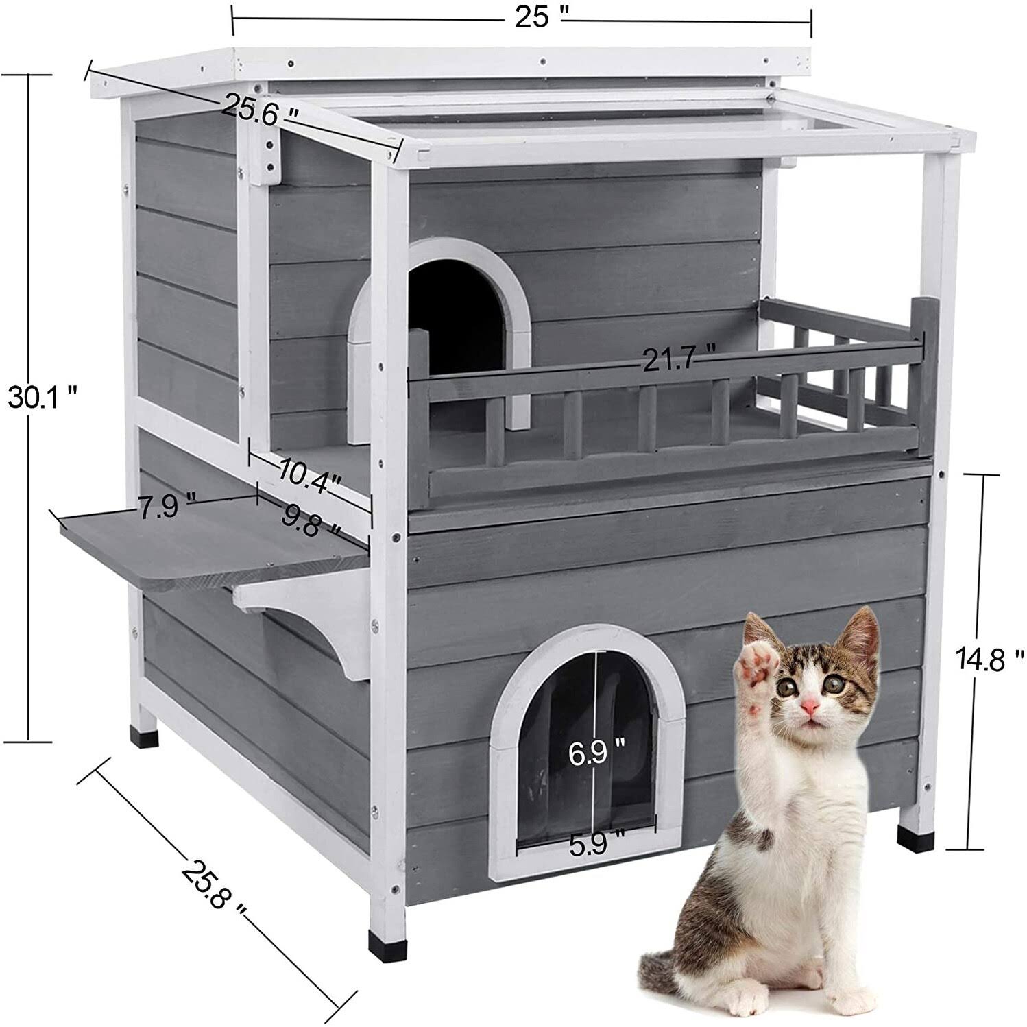 2-Story Weatherproof Wooden Cat Shelter House with Transparent PVC Canopy M53014