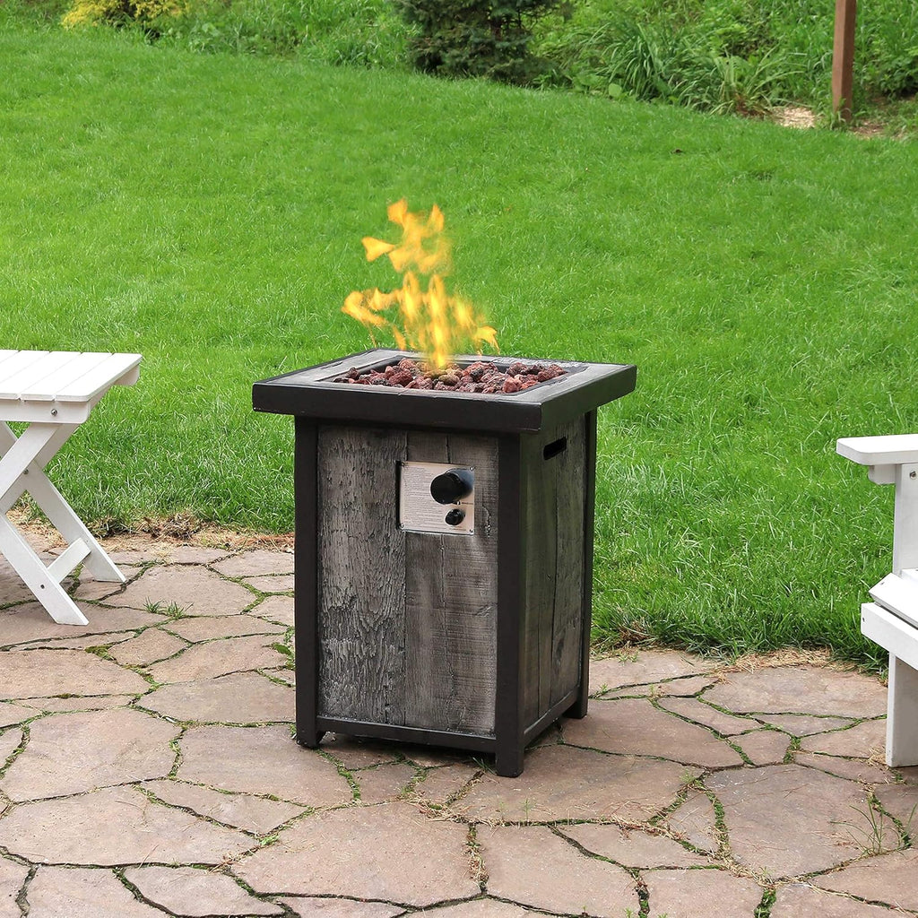 Square Outdoor Propane Gas Fire Pit Table with Weathered Wood Look - 25 Inches Tall R629