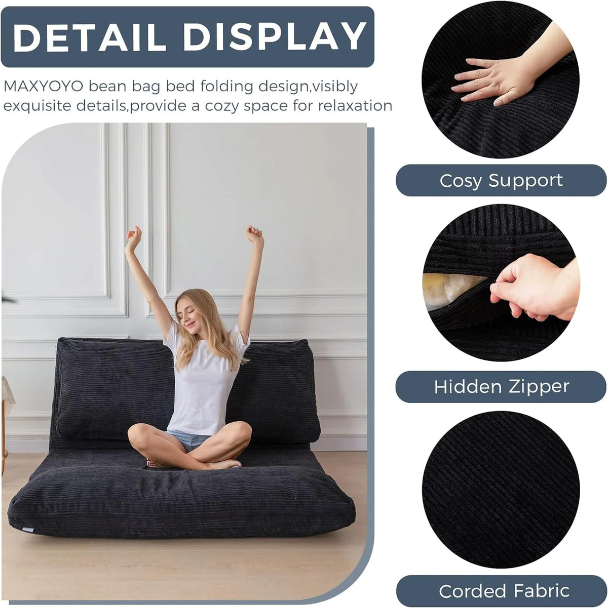Black Corded Washable Bean Bag Bed Folding Sofa Bed Floor Mattress, 39x95 Inch P330124