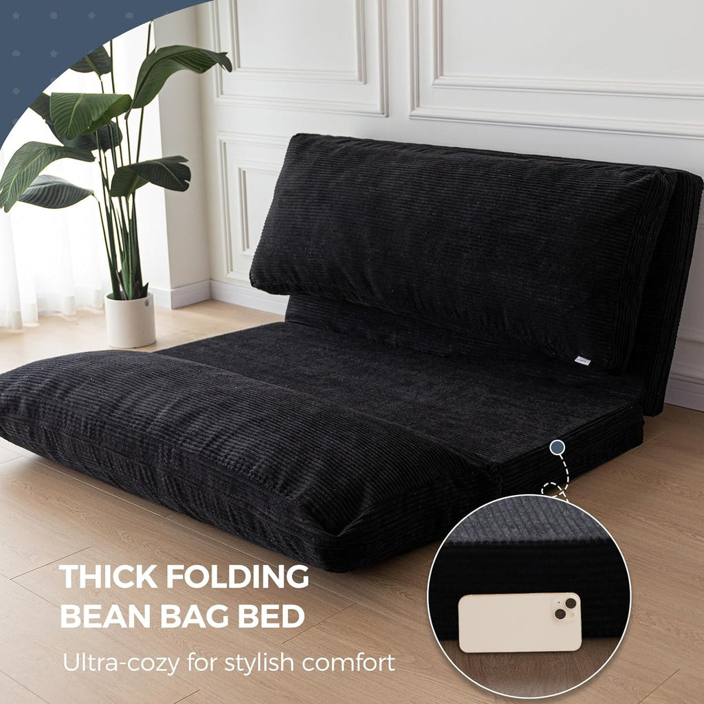 Black Corded Washable Bean Bag Bed Folding Sofa Bed Floor Mattress, 39x95 Inch P330124
