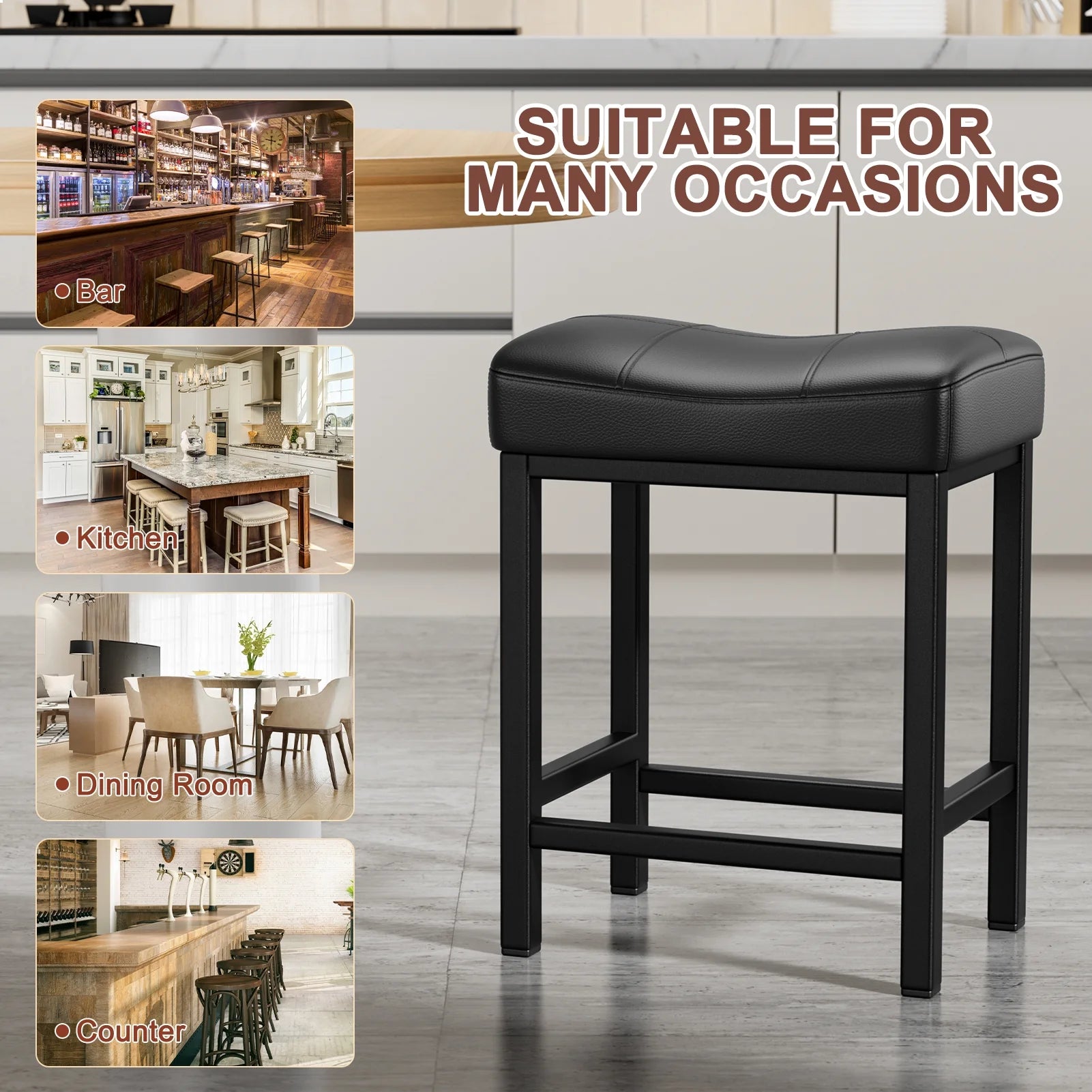 Black PU Leather Counter Bar Stools Set of 2 with Metal Base Q511