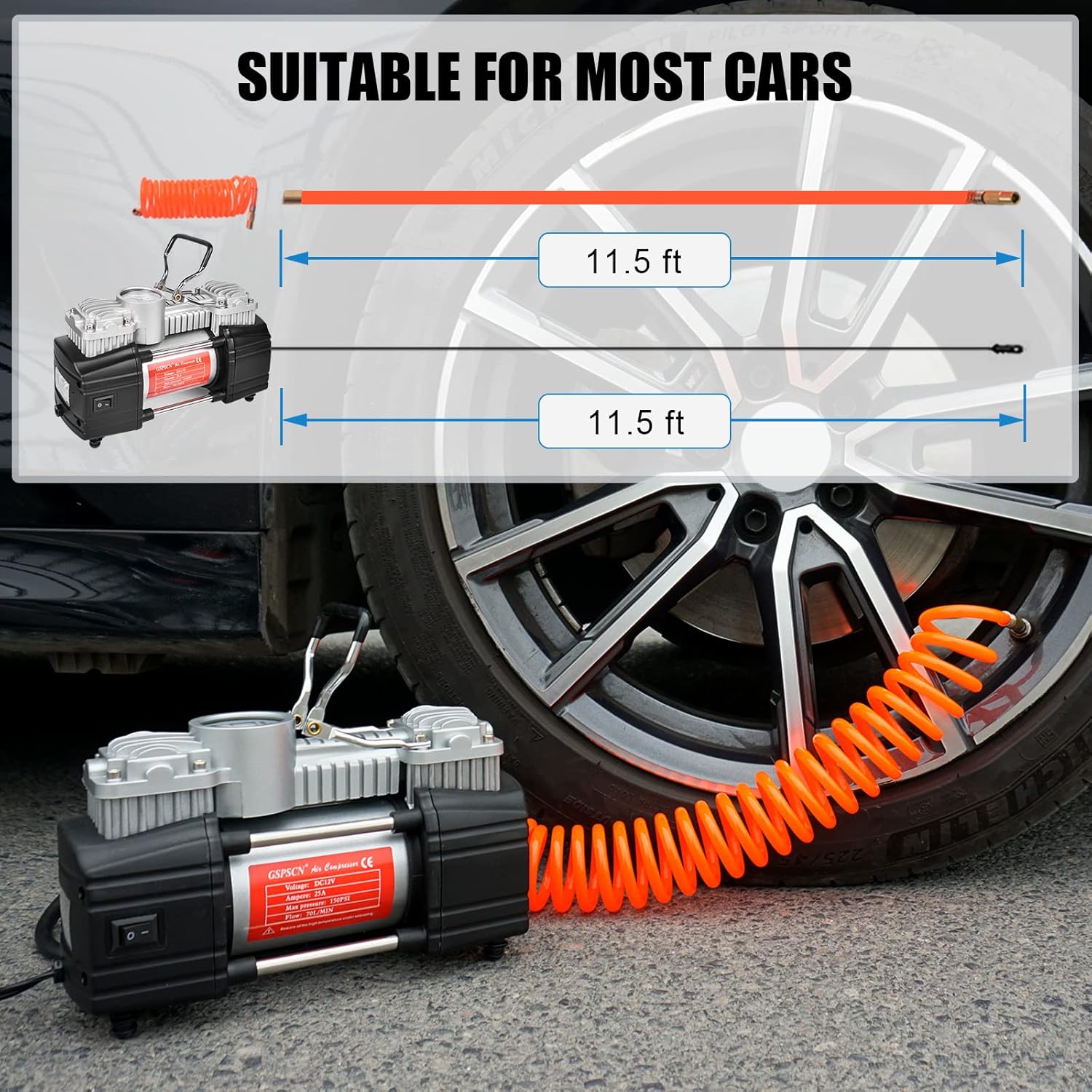 Portable Tire Inflator Double Cylinder Air Compressor Pump with LED Light, 12V, 150 PSI, Metal, Locking Air Chuck, Pack of 2 Y79663