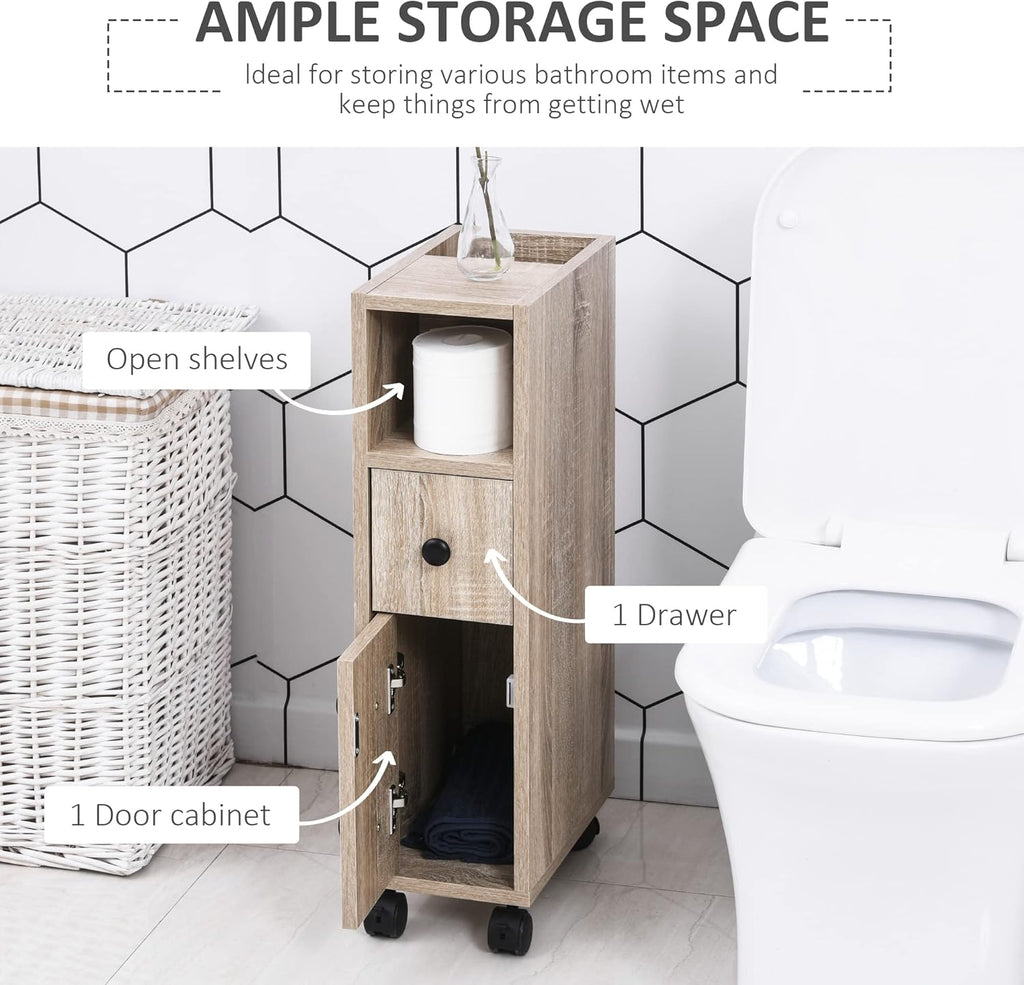 Oak Grain Freestanding Bathroom Cabinet with 2 Open Cabinets, 1 Door Cabinet, 1 Drawer and 4 Rolling Wheels S69703