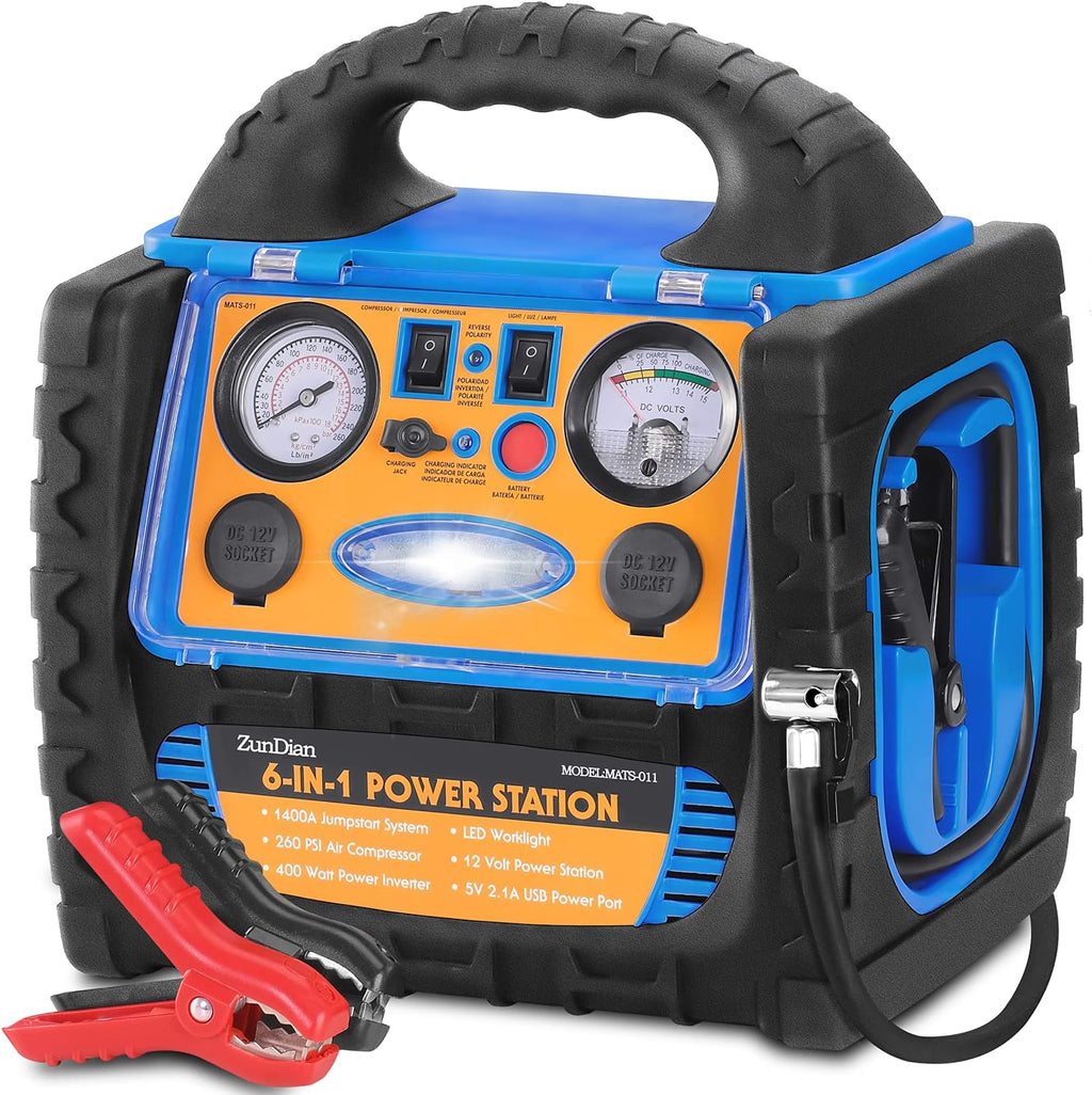 1400 Amp Battery Jump Starter with Air Compressor Car Tire Inflator, 110V 400W Power Inverter USB DC AC Outlet, 12V Emergency Auto Battery Booster Pack P157967
