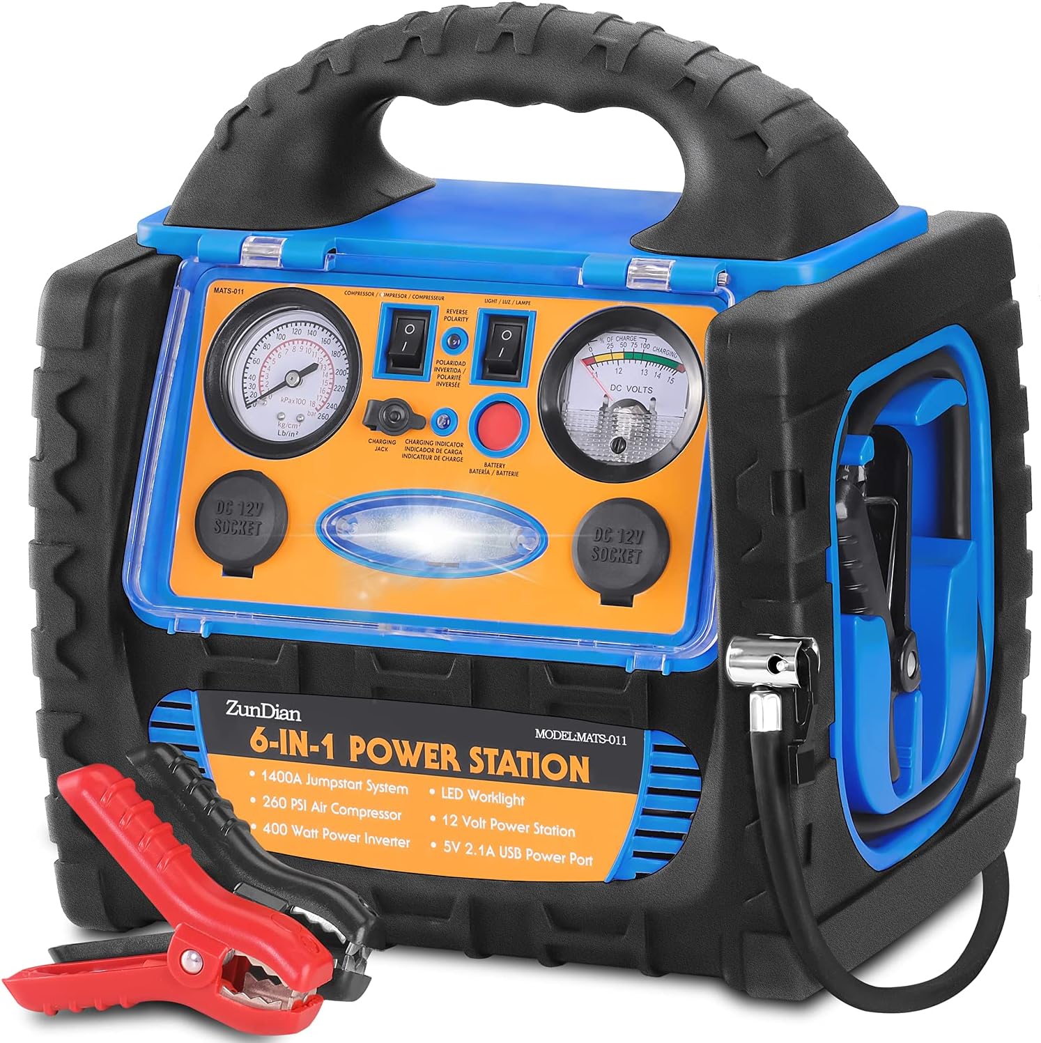 1400 Amp Battery Jump Starter with Air Compressor Car Tire Inflator, 110V 400W Power Inverter USB DC AC Outlet, 12V Emergency Auto Battery Booster Pack P157967