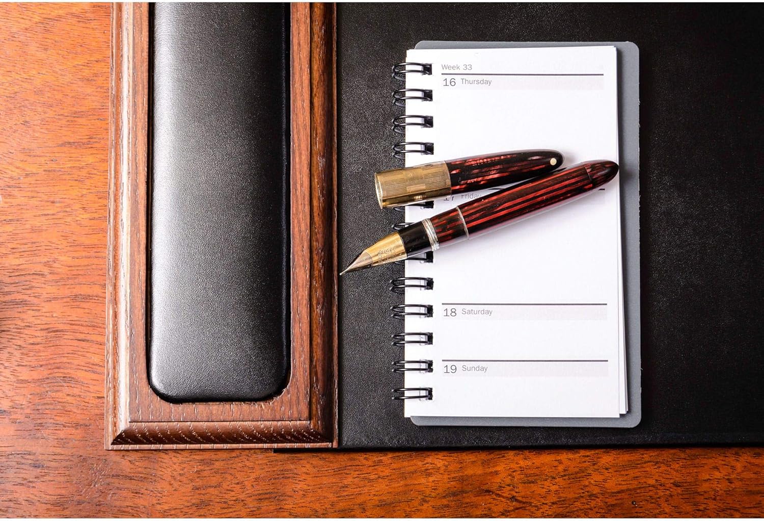 Walnut & Black Leather Desk Pad V8331
